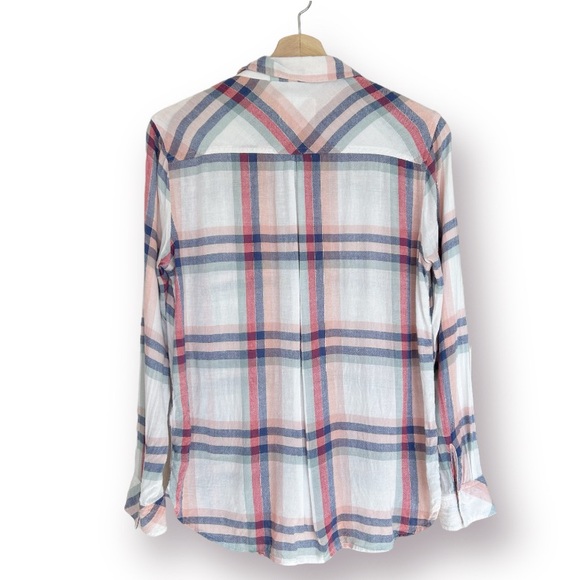 Rails Button-up Plaid Top Linen Blend Top Charlie White Melon Sage XS - Picture 3 of 10
